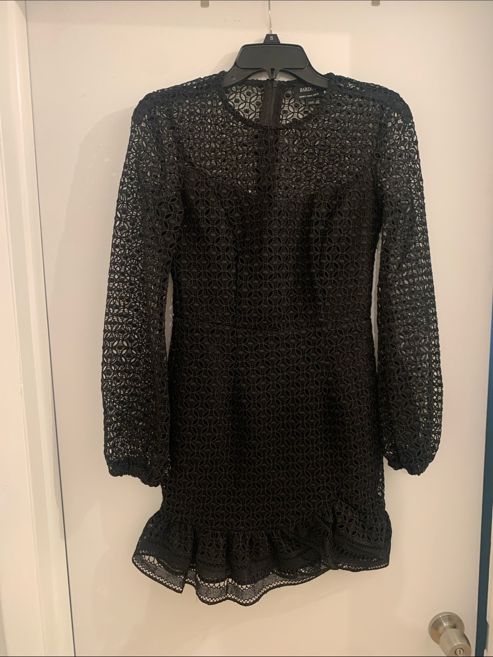Bardot Black Lace Mini Dress with Long Sheer Sleeves